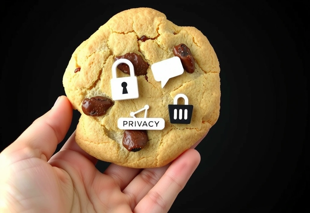 Eine Hand hält ein großes Cookie mit Symbolen, die Datenschutz und Web-Tracking darstellen.