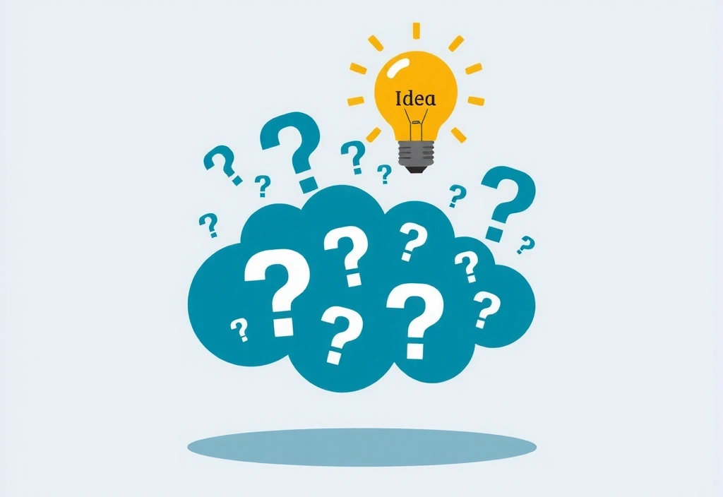 Illustration von Fragen und Antworten, Gedankenwolke und Glühbirne