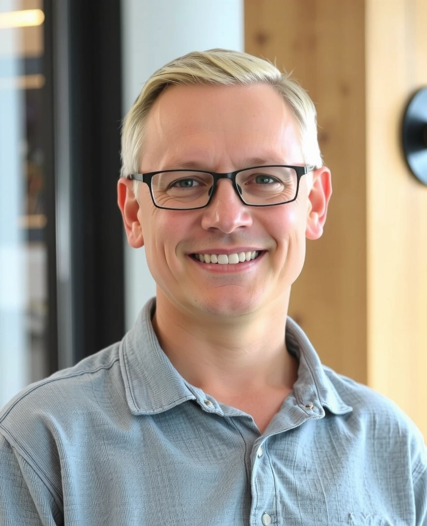 Professionelles Porträt eines freundlichen Ernährungsberaters, lächelnd und zugänglich, in einer modernen Büroumgebung, die Kompetenz und Vertrauen ausstrahlt.